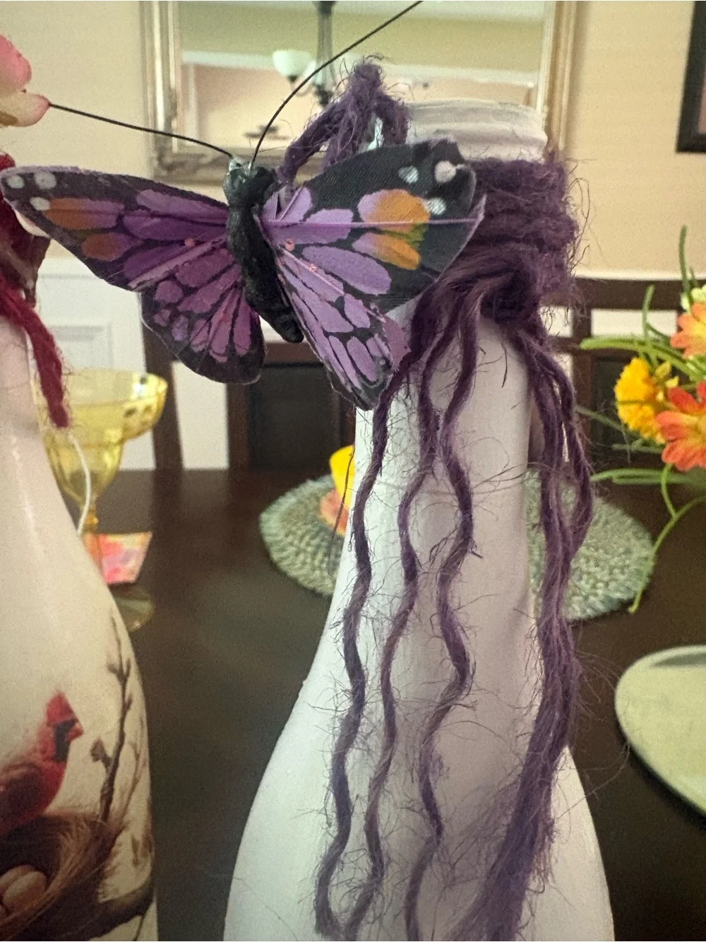 Handcrafted White/Cream Floral Decoupage Wine Bottle Accent - Decorative accent